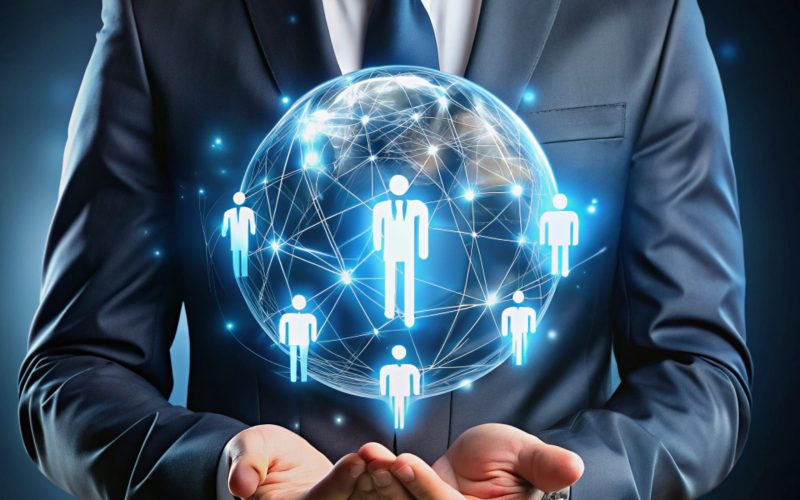 HR human resources solutions concept. Management tool used to manage employee information in organization. Businessman holding earth global to show glowing neon line